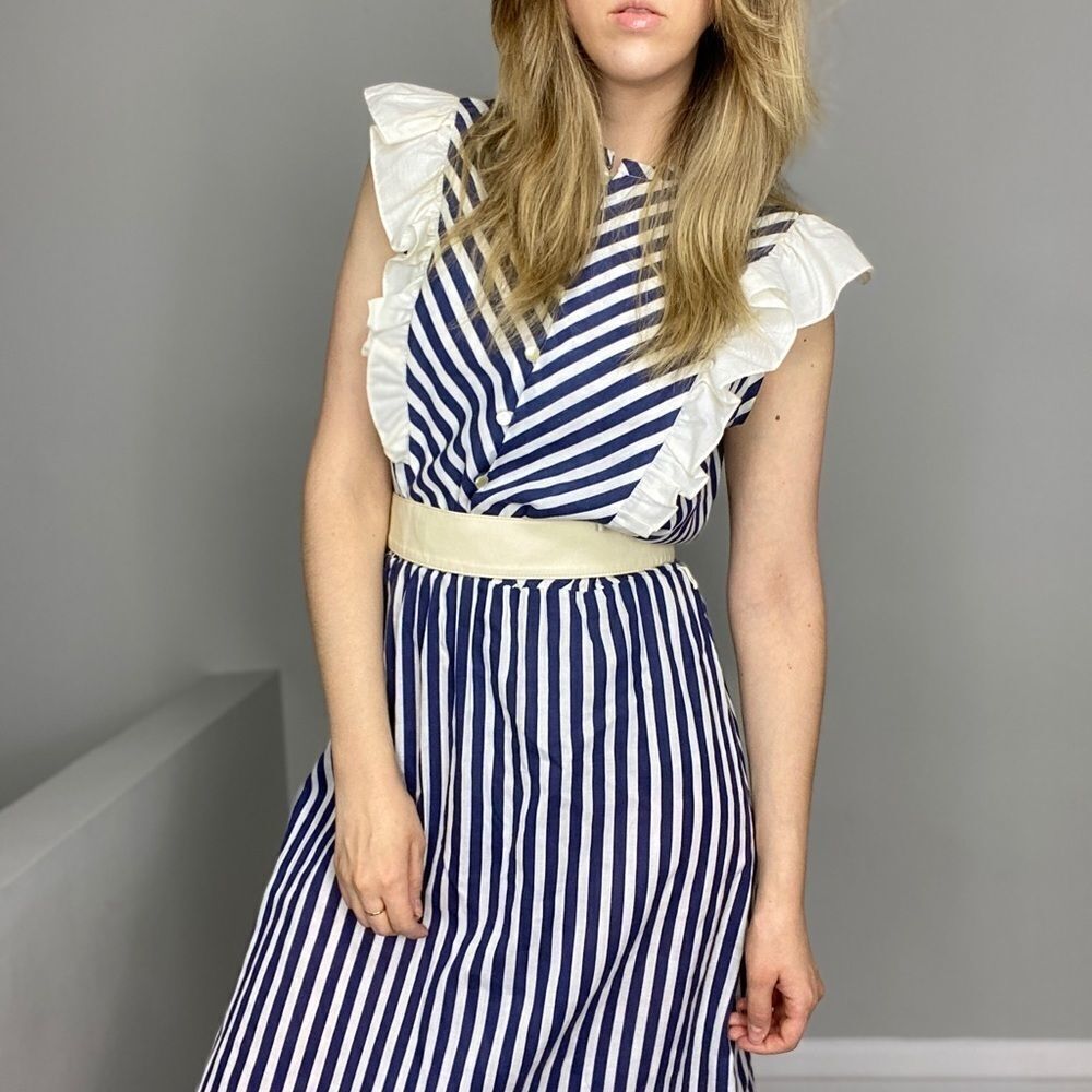 Vintage Summer Dress Blue & White Stripe. Romantic Casual Poetcore Dress. - Picture 5 of 9